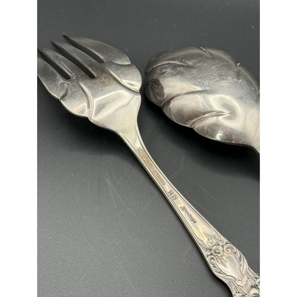 VTG 1953 Rogers Bros IS HERITAGE Silverplate Salad Serving Set Spoon Fork & Dish